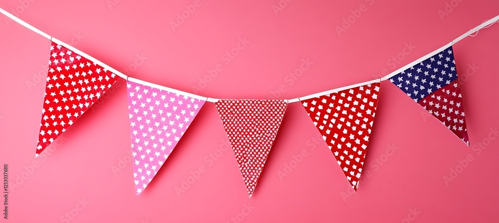 Festive triangular bunting hangs against a pink background backdrop Festive triangular bunting hangs against a pink background backdrop