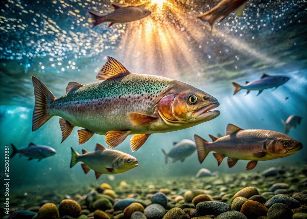 Low Light Trout Farm: Bubbles & Fish in Aquatic Setting Low Light Trout Farm: Bubbles & Fish in Aquatic Setting