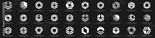 Set of minimalistic trendy shapes creative hexagon logo icon set. Stylish vector logo emblems for Your design.