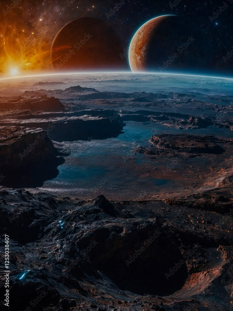 Naklejka premium Alien planet with glowing celestial views.