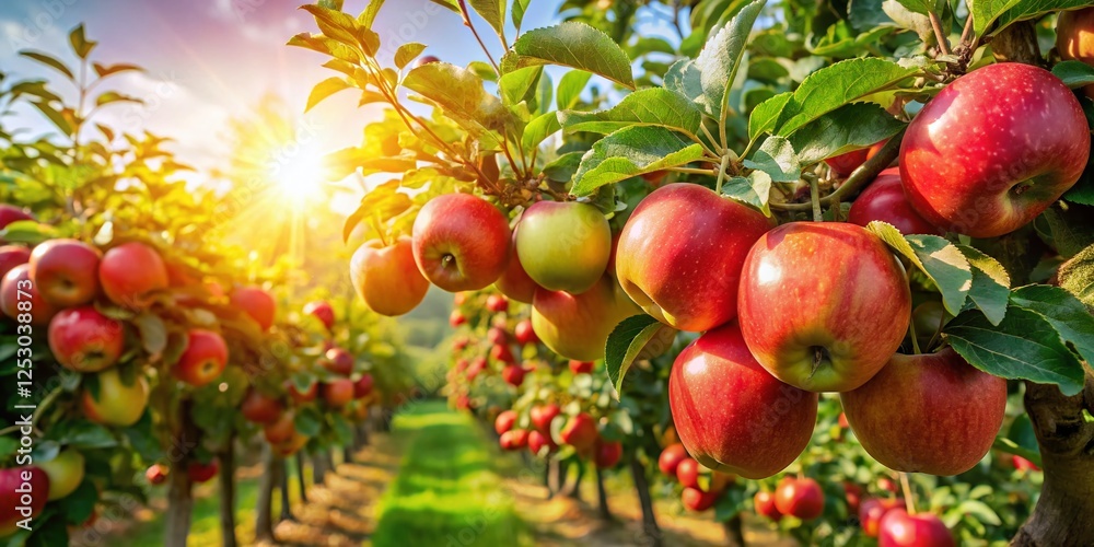 Lush Green Apple Orchard: Ripe Apples Growing on Trees in a Sunny Garden Lush Green Apple Orchard: Ripe Apples Growing on Trees in a Sunny Garden