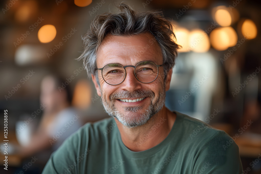 A middle-aged man with curly hair, a beard, and glasses smiles warmly in a cozy café. The soft lighting and blurred background create a relaxed and inviting atmosphere, capturing a moment of happiness A middle-aged man with curly hair, a beard, and glasses smiles warmly in a cozy café. The soft lighting and blurred background create a relaxed and inviting atmosphere, capturing a moment of happiness