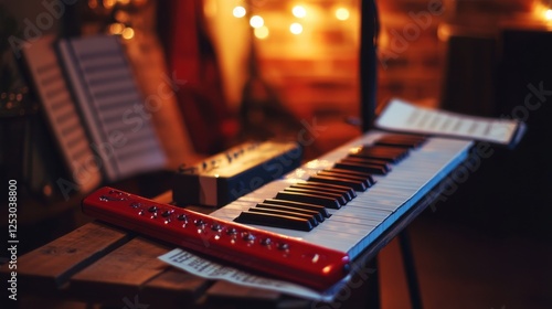 A melodica in a bold red color resting on a music stand, surrounded by sheet music and a cozy practice room backdrop, ready for a musician's session.