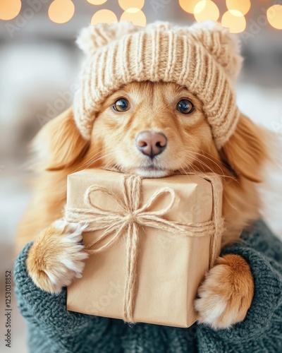 Adorable Dog in Warm Hat Holding Gift Box Surrounded by Festive Lights and Soft Winter Background petfluencer fluencer pet celeb photo