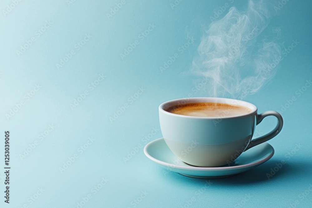 Naklejka premium Steaming coffee cup on blue backdrop for cafe menu or blog