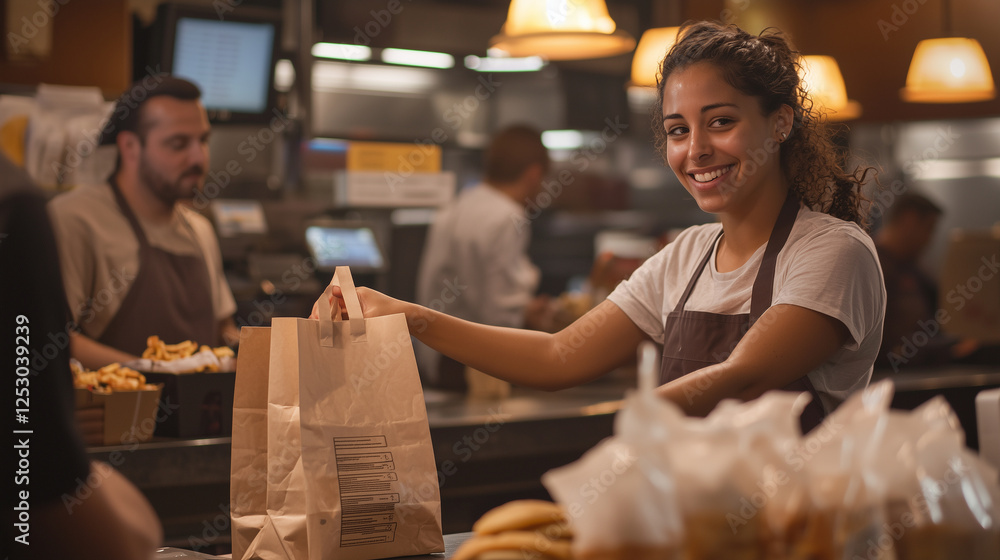 custom made wallpaper toronto digitalSmiling cashier passing a paper bag. The interior of the fast food restaurant fades into the background.