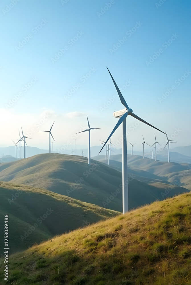 Obraz premium Wide wind turbines stretch across rolling hills under clear blue skies, symbolizing renewable energy and sustainability in modern landscapes.