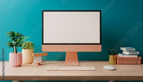 Wallpaper Mural 3D Table and computer for work from home and online chatting concept. 3d render illustration Torontodigital.ca