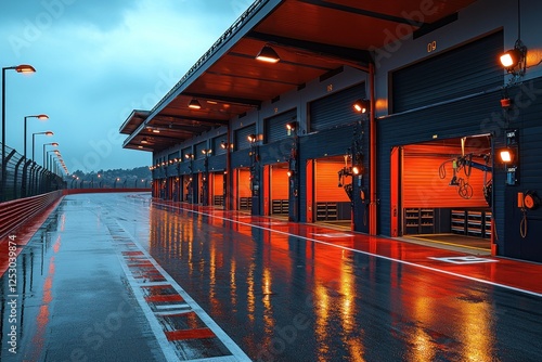 Wet racetrack pit lane garages at dusk