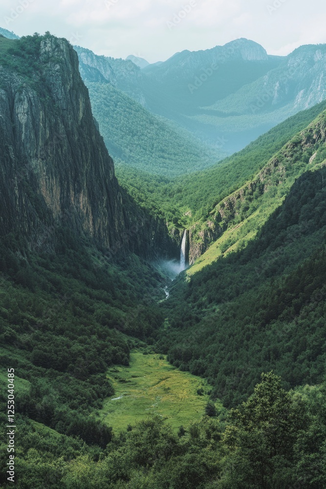 Naklejka premium Majestic mountain valley with cascading waterfall, lush greenery and serene atmosphere. Ideal for nature lovers, hikers and photographers.