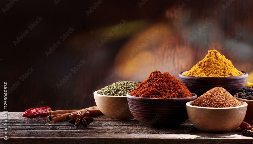 various spices in a wooden bowls various spices in a wooden bowls