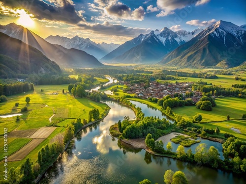 Aerial View of Kashmir Valley, Stunning Himalayan Landscape, India photo