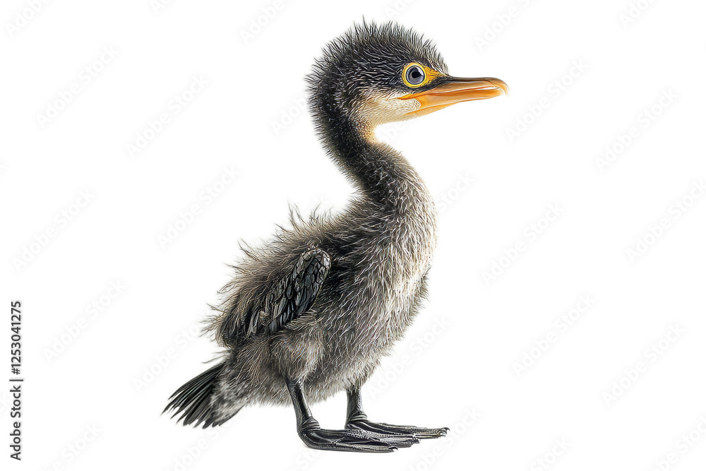 Fototapeta premium Adorable Baby Cormorant with Fluffy Feathers Standing Against a Clean Transparent Background