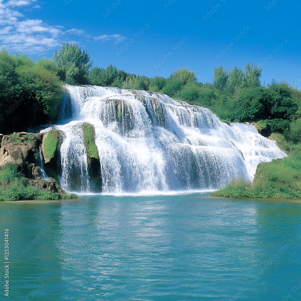 Fototapeta premium Serene Waterfall Cascading Into Tranquil Pool