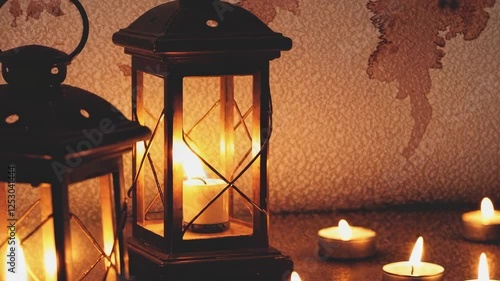 Lanterns illuminating warm ambiance with flickering candlelight glow