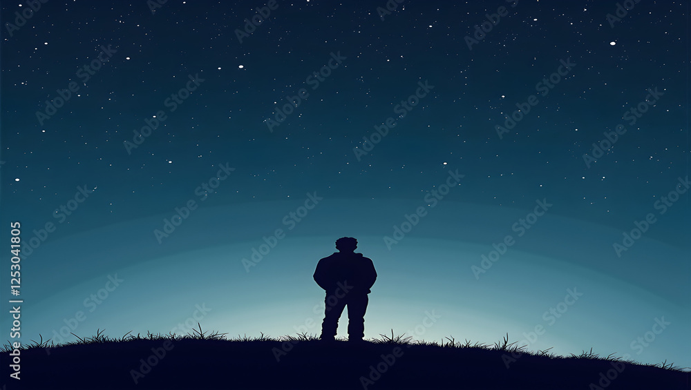 Silhouette of a Person Standing on a Hill Under a Starry Sky Silhouette of a Person Standing on a Hill Under a Starry Sky