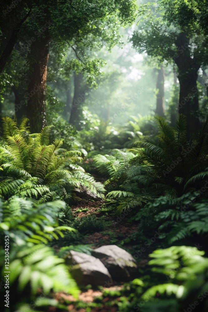 Obraz premium Cool misty morning in a dense fern forest, nature's serene path.