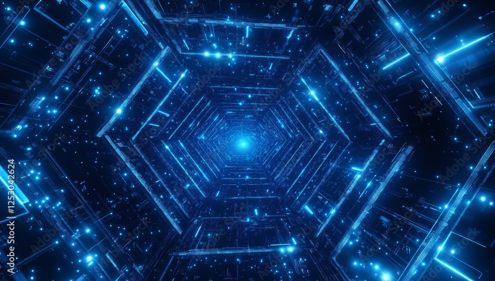 Futuristic tunnel, glowing blue light, hexagonal structure, data stream background Futuristic tunnel, glowing blue light, hexagonal structure, data stream background