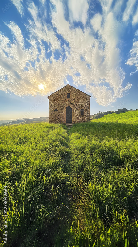 Idyllic chapel in Tuscany with green grass and blue sky
Idyllic chapel in Tuscany with green grass and blue sky