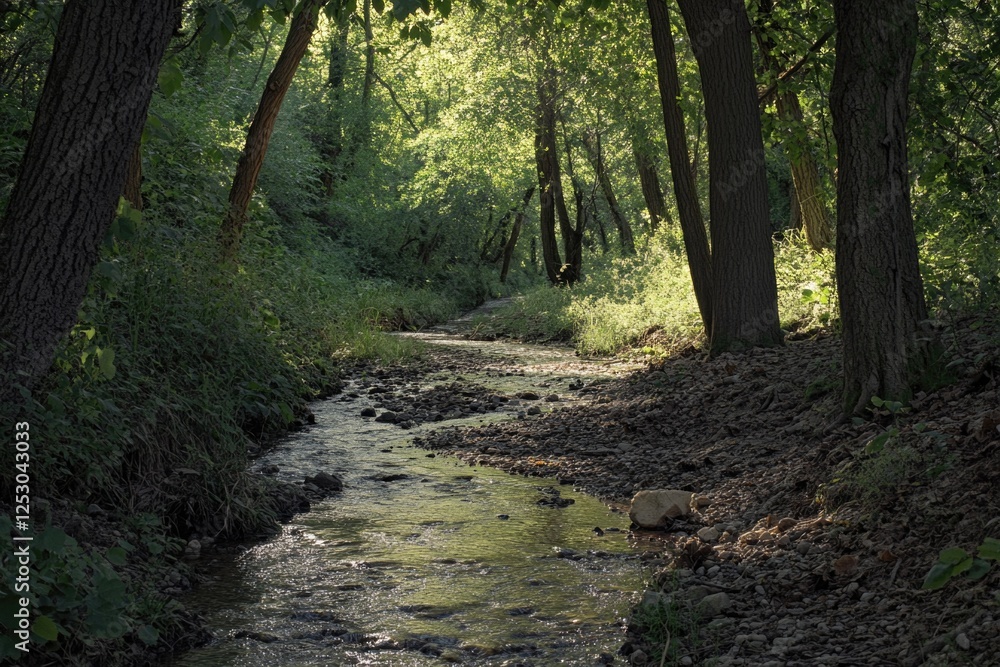 Fototapeta premium Natural waterway surrounded by trees in a woodland setting.