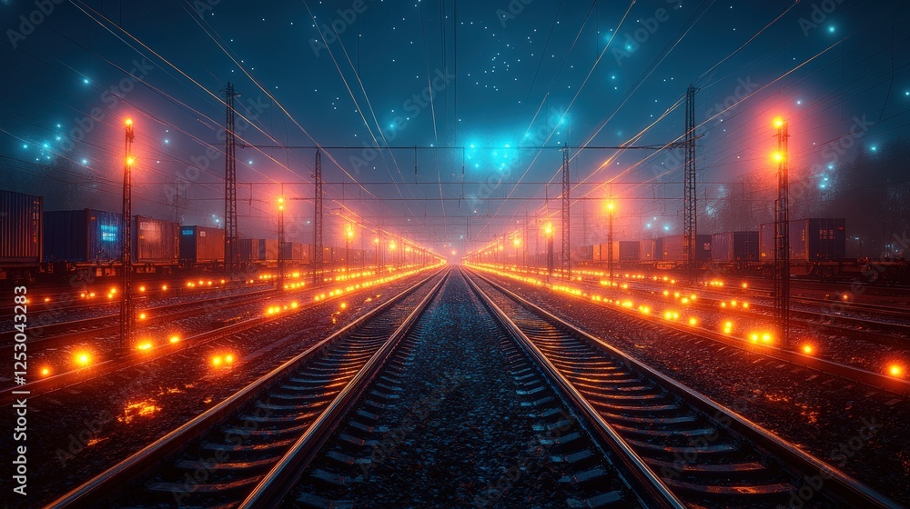 Futuristic railway scene at night with glowing lights and a starry sky, evoking a sense of travel Futuristic railway scene at night with glowing lights and a starry sky, evoking a sense of travel