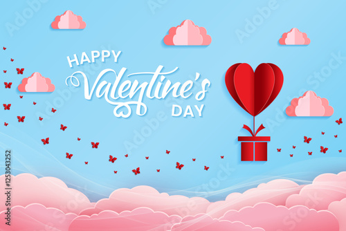 Gift boxes with heart balloon and butterfly floating it the sky, Happy Valentine's Day banner, paper art style on blue background.