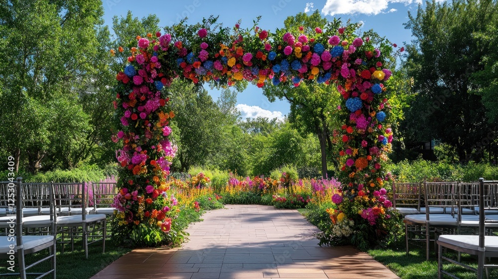 Fototapeta premium Vibrant Floral Wedding Arch in a Lush Garden