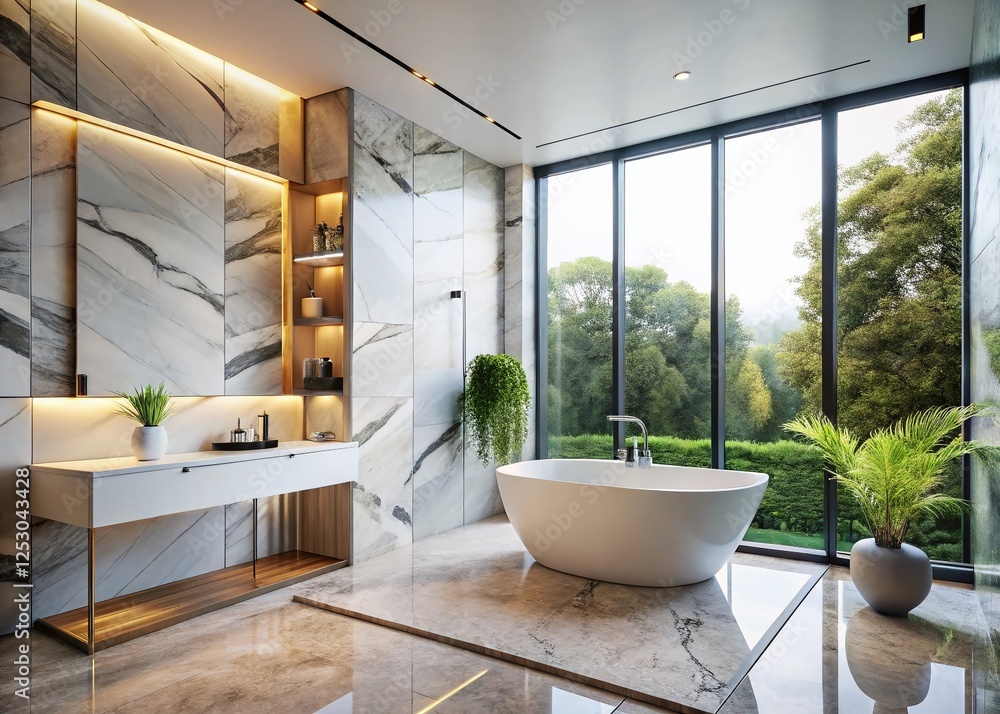 Fototapeta premium Luxurious Modern Bathroom: Elegant Marble Walls & Floors, Ample Copy Space