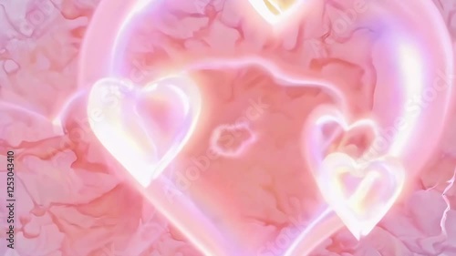 Colorful hearts glowing and floating in soft pink background
