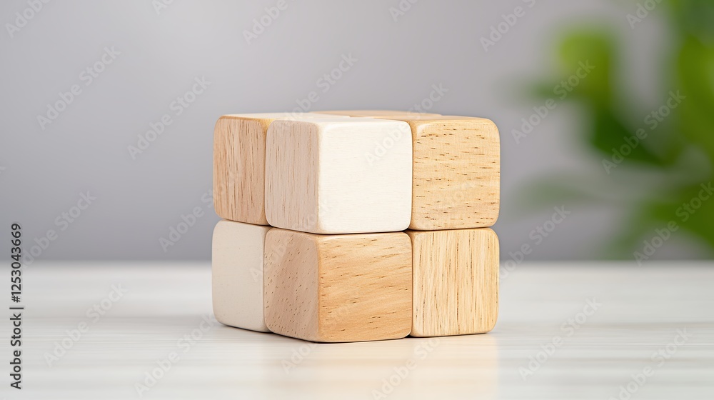 Small Wooden Blocks Arranged In Square Shape On White Table Small Wooden Blocks Arranged In Square Shape On White Table