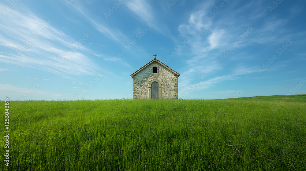 Idyllic chapel in Tuscany with green grass and blue sky
Idyllic chapel in Tuscany with green grass and blue sky