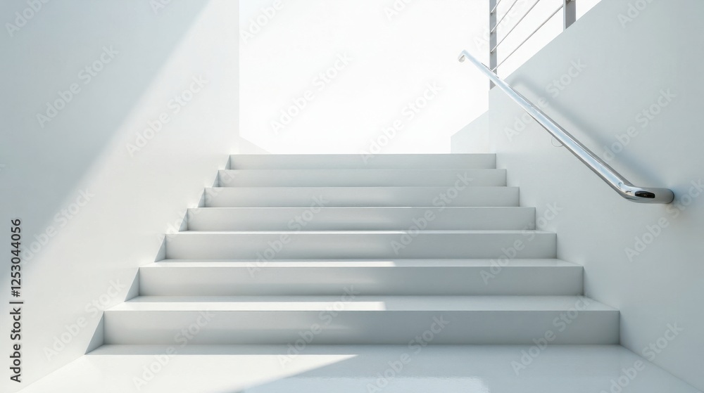 Clean Minimalist White Staircase Ascending Towards Bright Sunlight with Modern Metal Handrail Clean Minimalist White Staircase Ascending Towards Bright Sunlight with Modern Metal Handrail