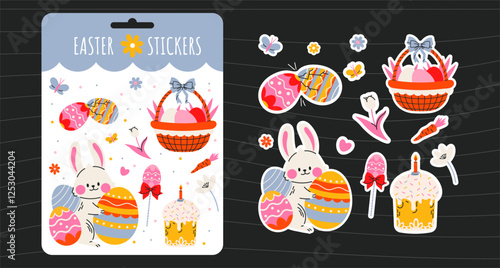 Easter holiday stickers set in abstract 90s retro style. Collection of spring elements, rabbits, eggs, Christian holiday, Easter basket, flowers, chicken. Vector groovy illustration, isolated
