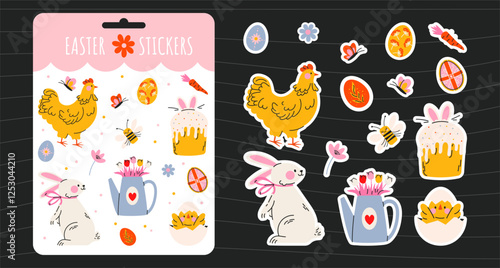 Easter holiday stickers set in abstract 90s retro style. Collection of spring elements, rabbits, eggs, Christian holiday, Easter basket, flowers, chicken. Vector groovy illustration, isolated