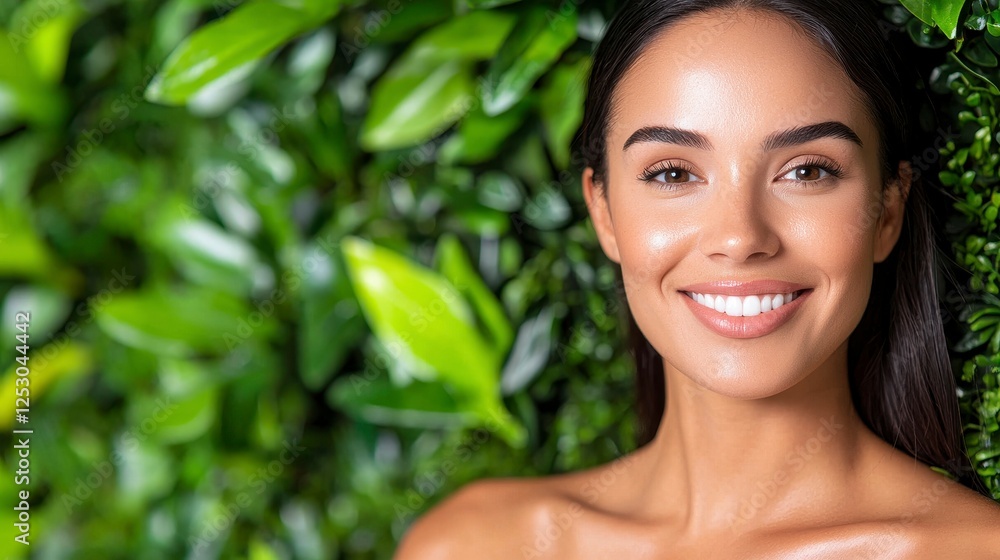 Smiling Woman Portrait Against Lush Green Plants Smiling Woman Portrait Against Lush Green Plants