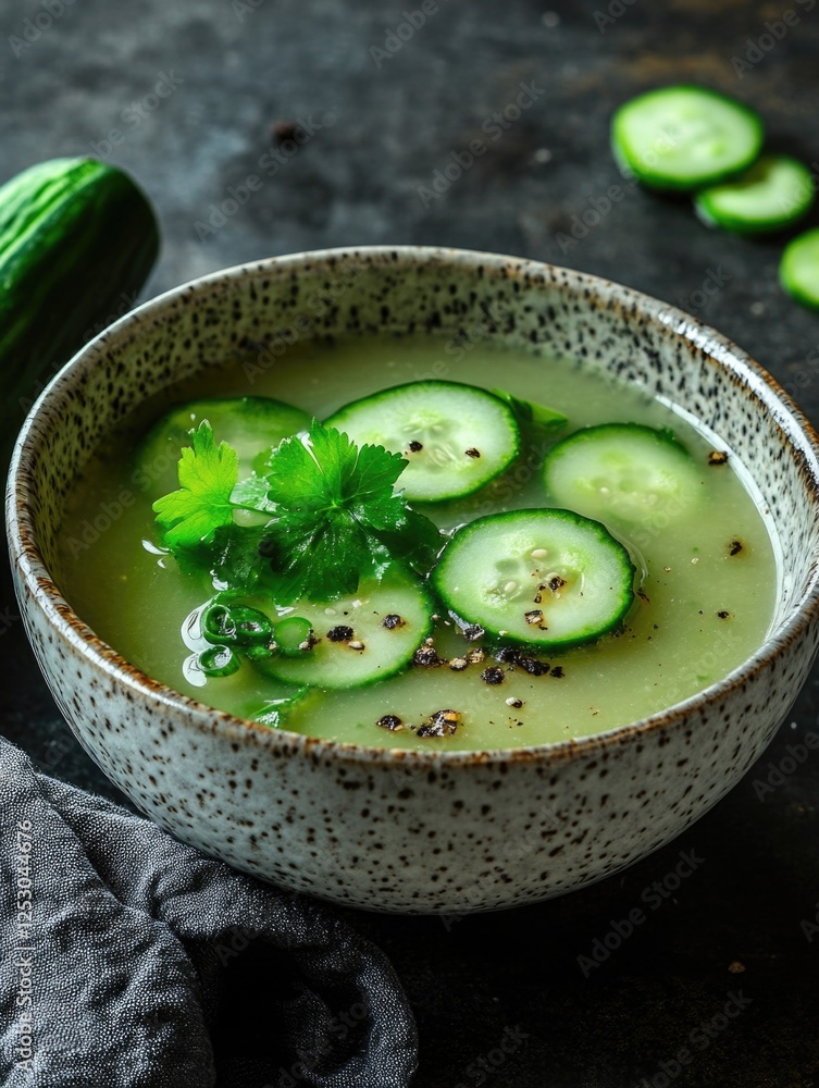Savory, healthy cucumber soup with herbs and pepper on top of a textured bowl, served in kitchen setting. Savory, healthy cucumber soup with herbs and pepper on top of a textured bowl, served in kitchen setting.