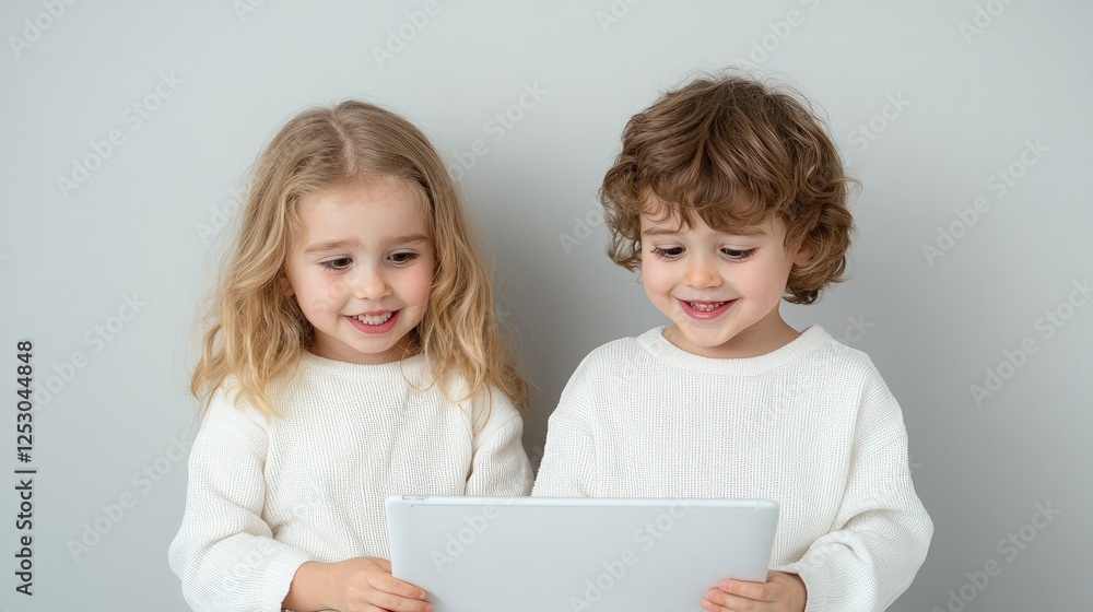 Children Using Tablet - indoor, light gray background, learning Children Using Tablet - indoor, light gray background, learning