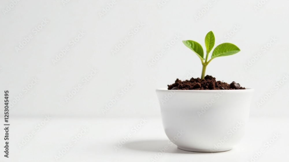 A tiny sprout emerges from dark soil nestled in a simple white bowl, symbolizing growth, potential, and the promise of a flourishing future. A tiny sprout emerges from dark soil nestled in a simple white bowl, symbolizing growth, potential, and the promise of a flourishing future.