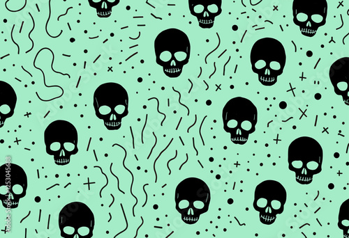 A repeating arrangement of black skull silhouettes against a mint green background, with scattered white lines and dots. Vector patterns, random pattern