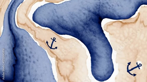 Abstract watercolor map illustrating waterways and nautical elements