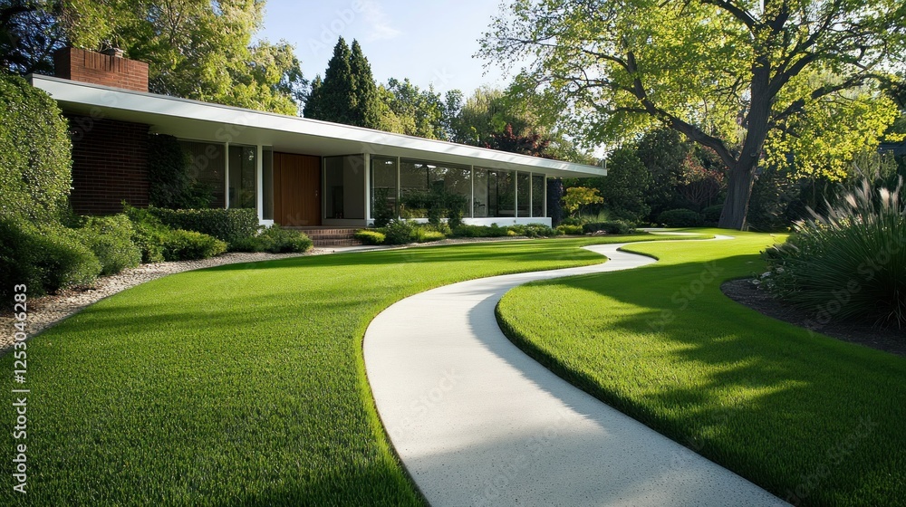 Fototapeta premium Modern House with Lush Green Lawn and Winding Pathway