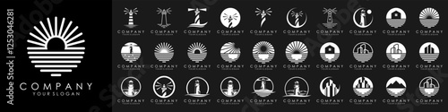 set of Lighthouses and ocean logo design. vector illustration