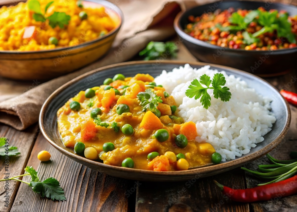 Macro Close-up of Healthy Indian Coconut Squash Dal with Basmati Rice & Vegetables Macro Close-up of Healthy Indian Coconut Squash Dal with Basmati Rice & Vegetables