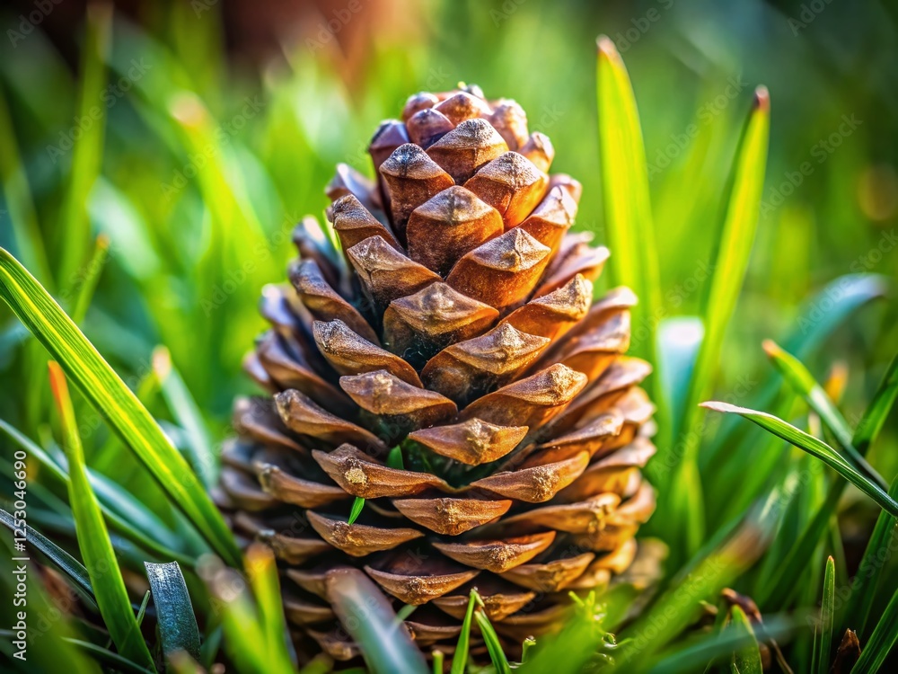 Macro Close-Up of Pinecone in Lush Green Grass at Park Macro Close-Up of Pinecone in Lush Green Grass at Park