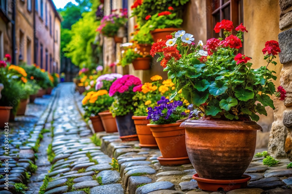 Macro Photography: Colorful Pots Overflowing on a Cobblestone Street Macro Photography: Colorful Pots Overflowing on a Cobblestone Street