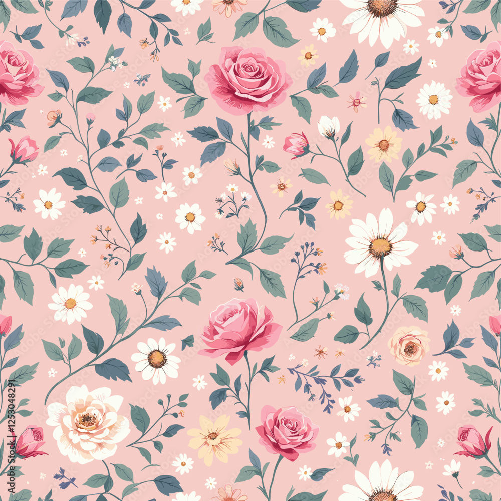 Fototapeta Pink roses, white daisies, and yellow flowers arranged in a repeating floral design against a pink background. Vector patterns, random pattern
