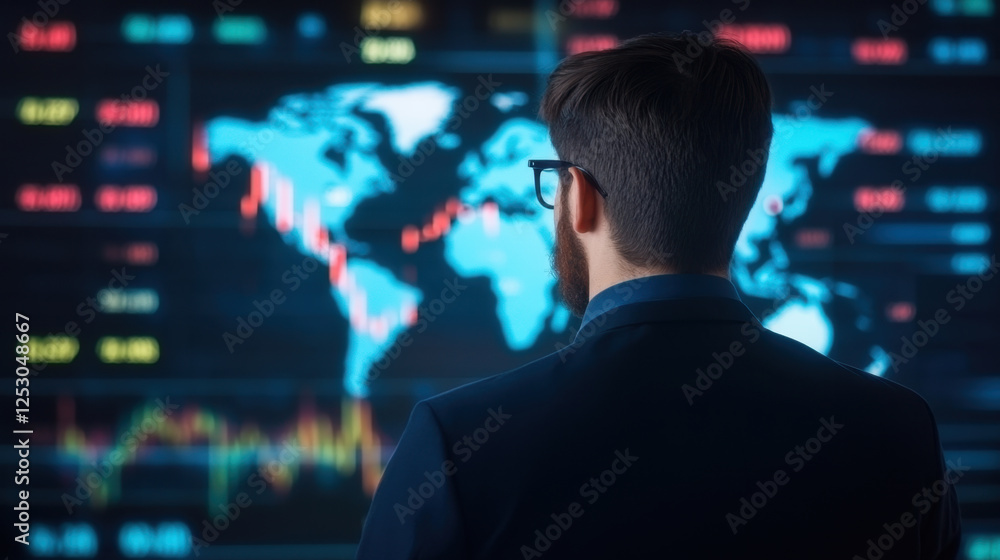 financial analyst observing global market trends on digital screen, showcasing data visualization and analytics. atmosphere conveys focus and professionalism financial analyst observing global market trends on digital screen, showcasing data visualization and analytics. atmosphere conveys focus and professionalism