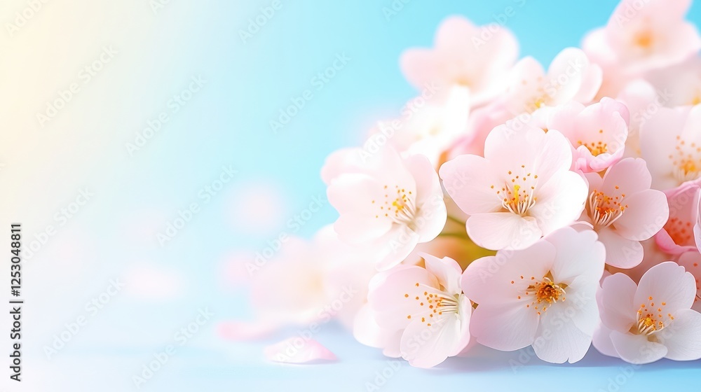 Fototapeta premium Beautiful Pink Cherry Blossom Flowers Blooms on Soft Blue Background with Gentle Light Effects in Spring Season