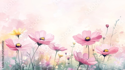 Fototapeta Naklejka Na Ścianę i Meble -  Delicate Wildflowers on a Pastel Peach and Cream Watercolor Background, Airy and Dreamlike