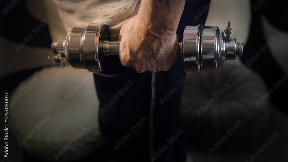 Man lifting dumbbell in cozy home environment
